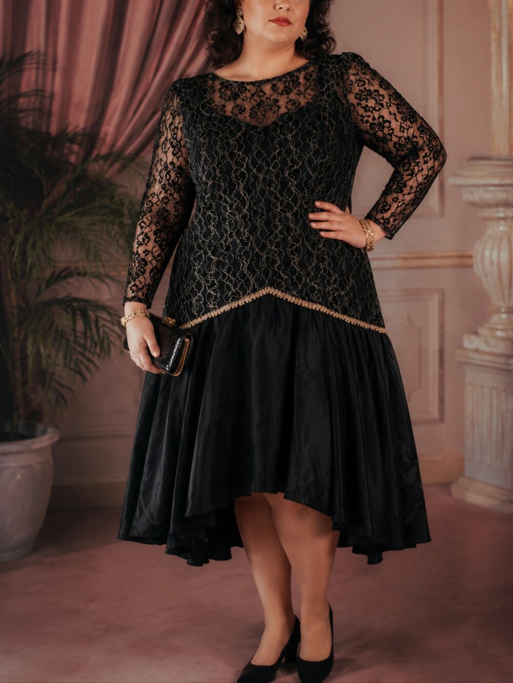 Karen Lucas for Niki Vintage 80s Black & Gold Lace Party Prom Dress sz 20